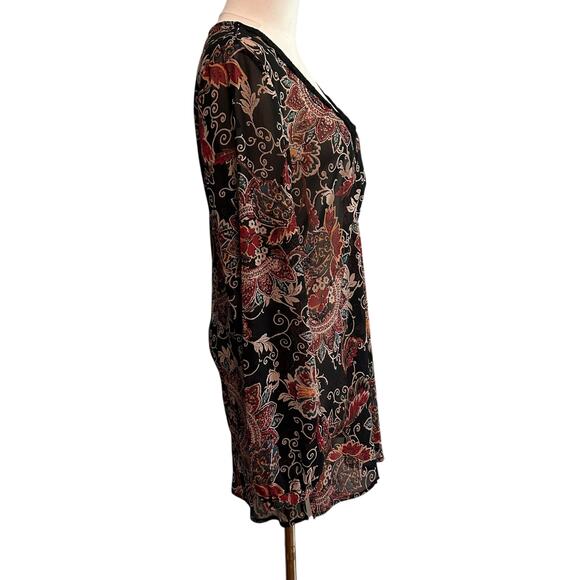 Bandolino Crochet SZ 14 Top Black Flower Tunic Boho Y2K Long Sleeve Pleated - Picture 5 of 10